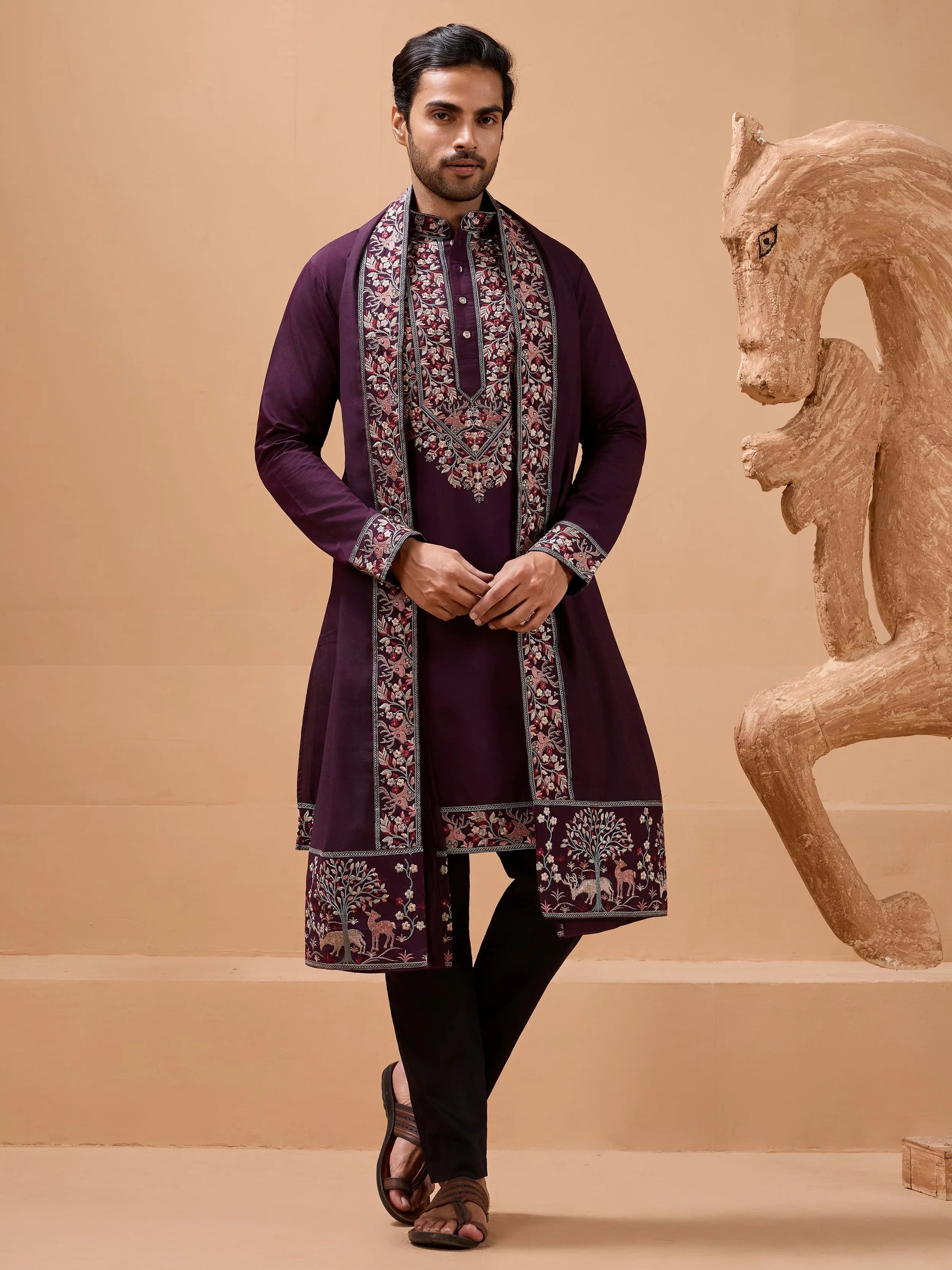 Superb Purple Sequins Viscose Silk Marriage Wear Men Kurta Set With Dupatta