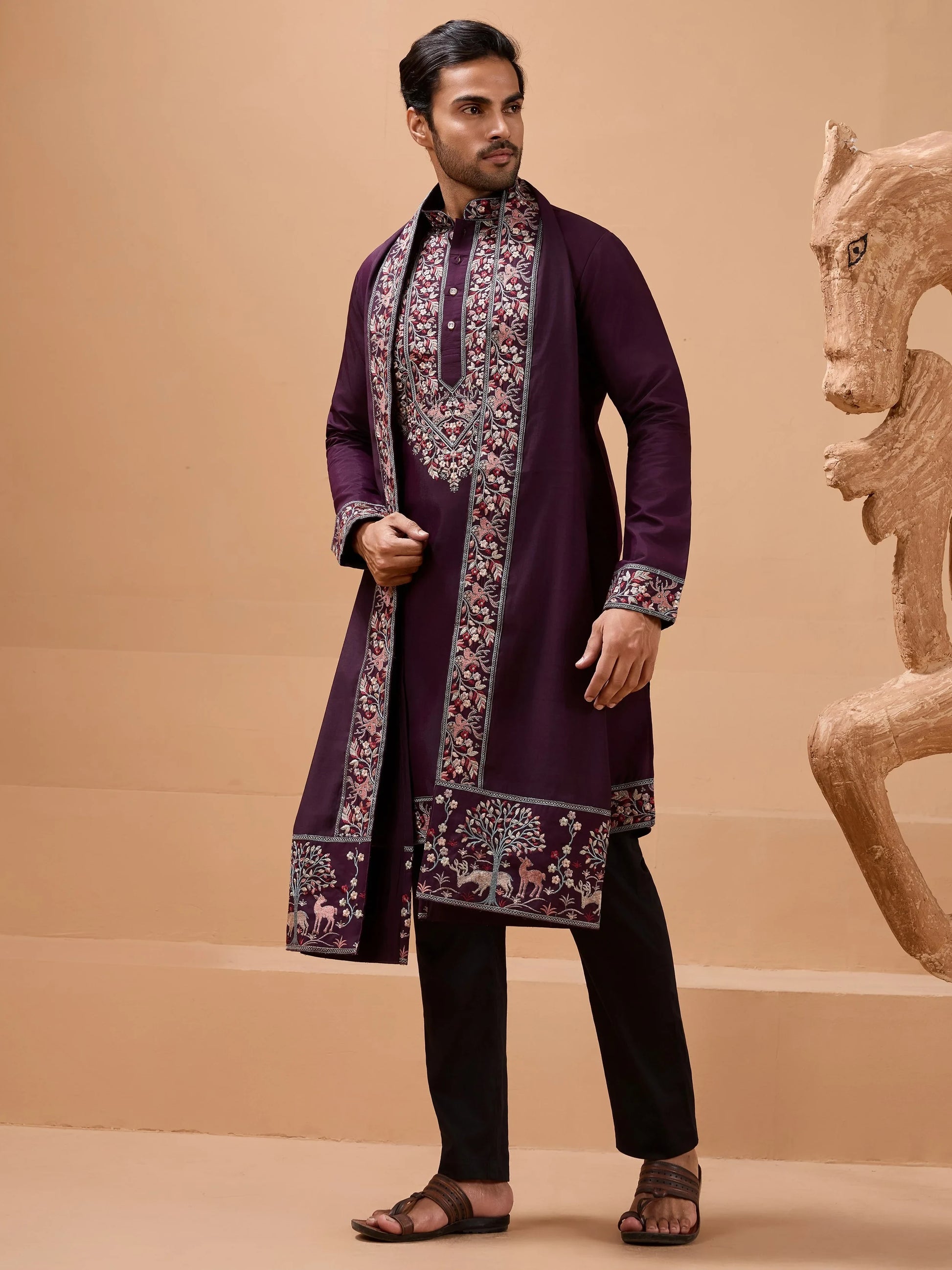 Superb Purple Sequins Viscose Silk Marriage Wear Men Kurta Set With Dupatta