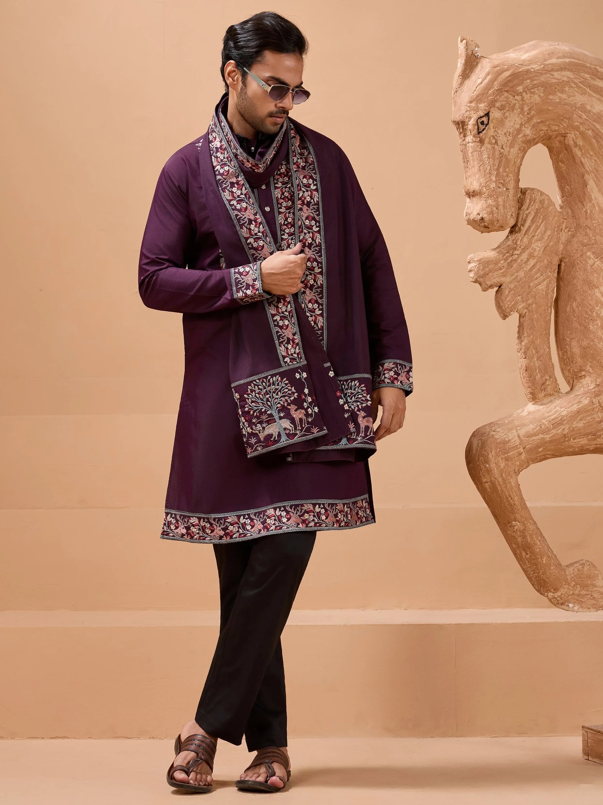 Superb Purple Sequins Viscose Silk Marriage Wear Men Kurta Set With Dupatta