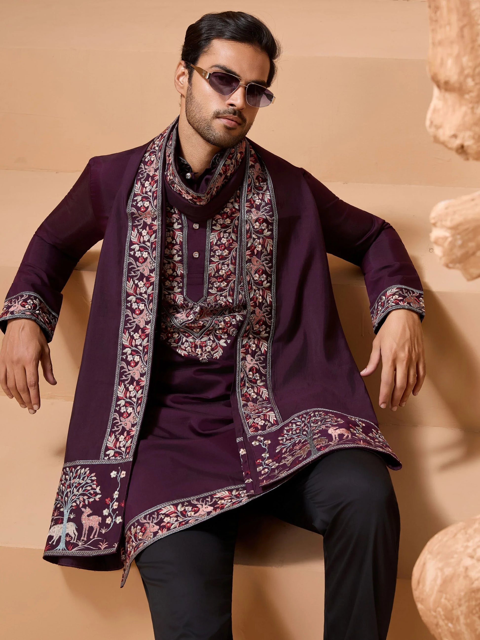 Superb Purple Sequins Viscose Silk Marriage Wear Men Kurta Set With Dupatta