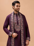 Superb Purple Sequins Viscose Silk Marriage Wear Men Kurta Set With Dupatta