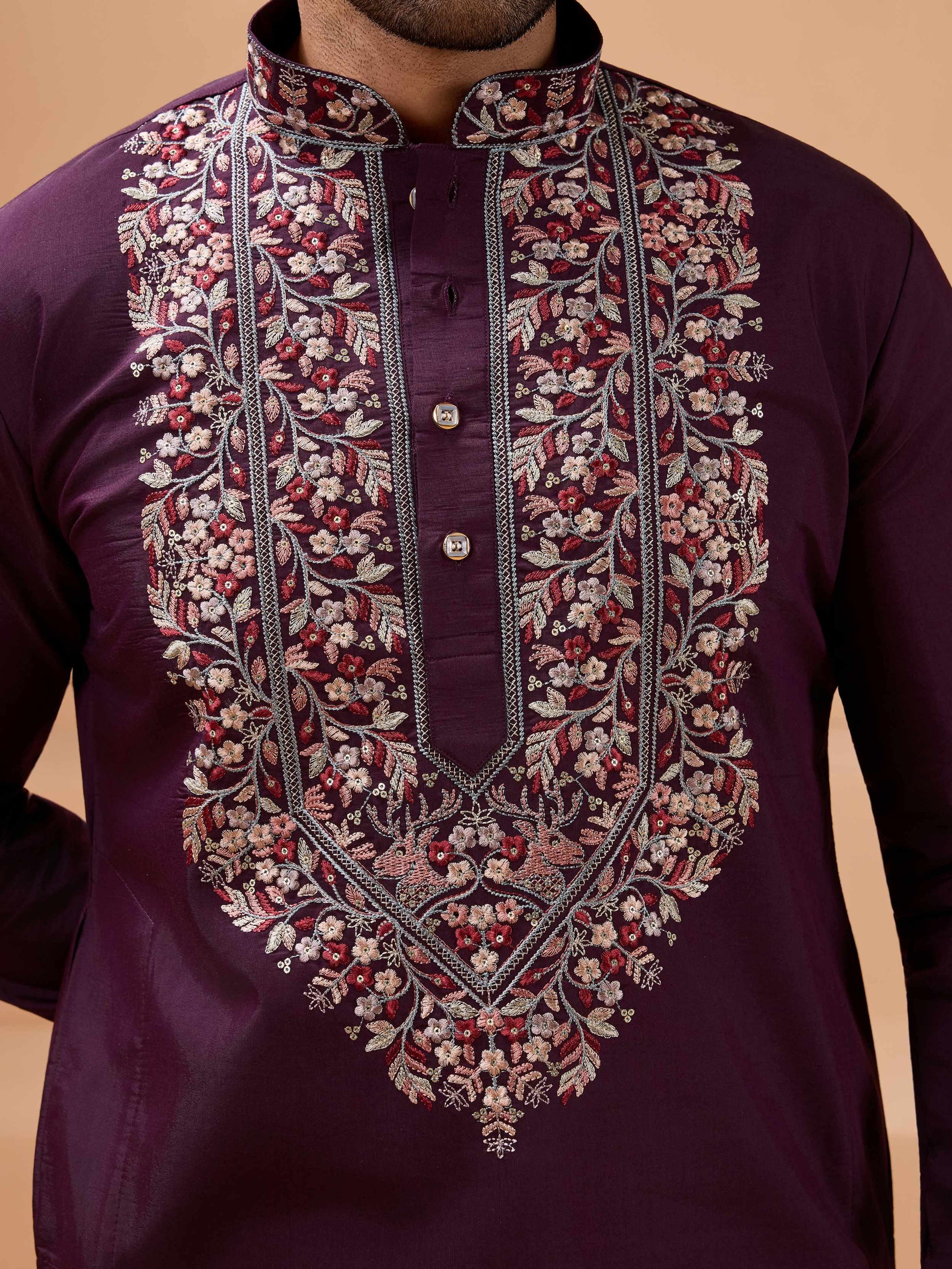 Superb Purple Sequins Viscose Silk Marriage Wear Men Kurta Set With Dupatta