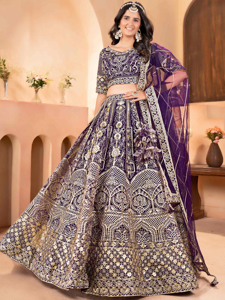 Superb Purple Sequins Work Net Wedding Wear Lehenga Choli With Dupatta