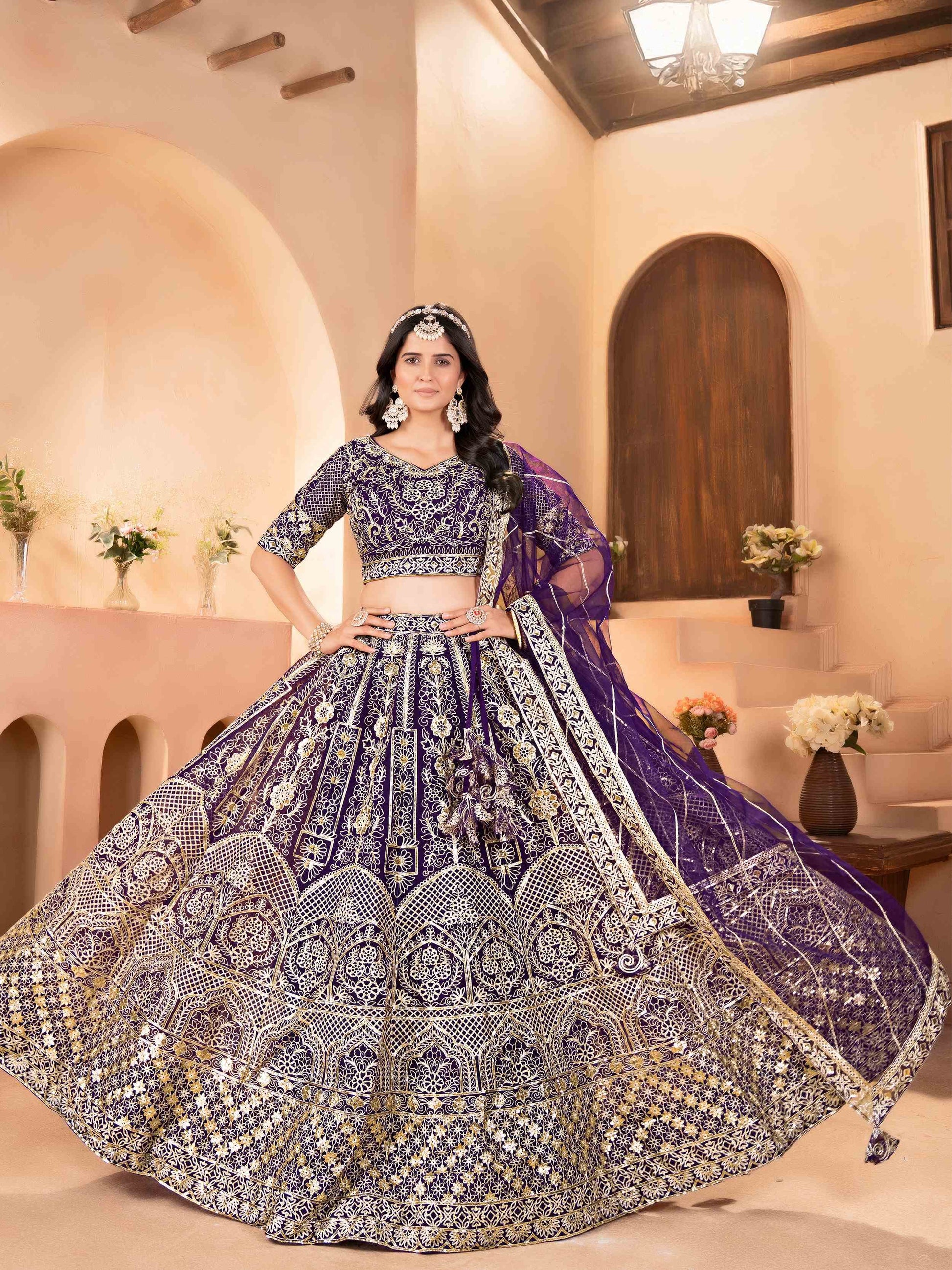 Superb Purple Sequins Work Net Wedding Wear Lehenga Choli With Dupatta