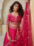 Superb Rani Pink Thread Work Silk Bridesmaid Lehenga Choli With Dupatta
