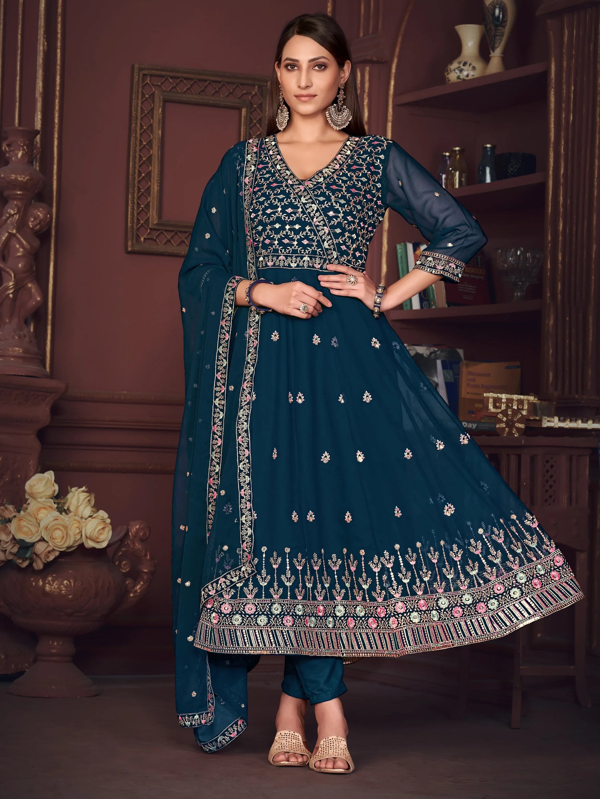 Superb Teal Blue Embroidered Georgette Anarkali Suit With Dupatta - Zeel Clothing