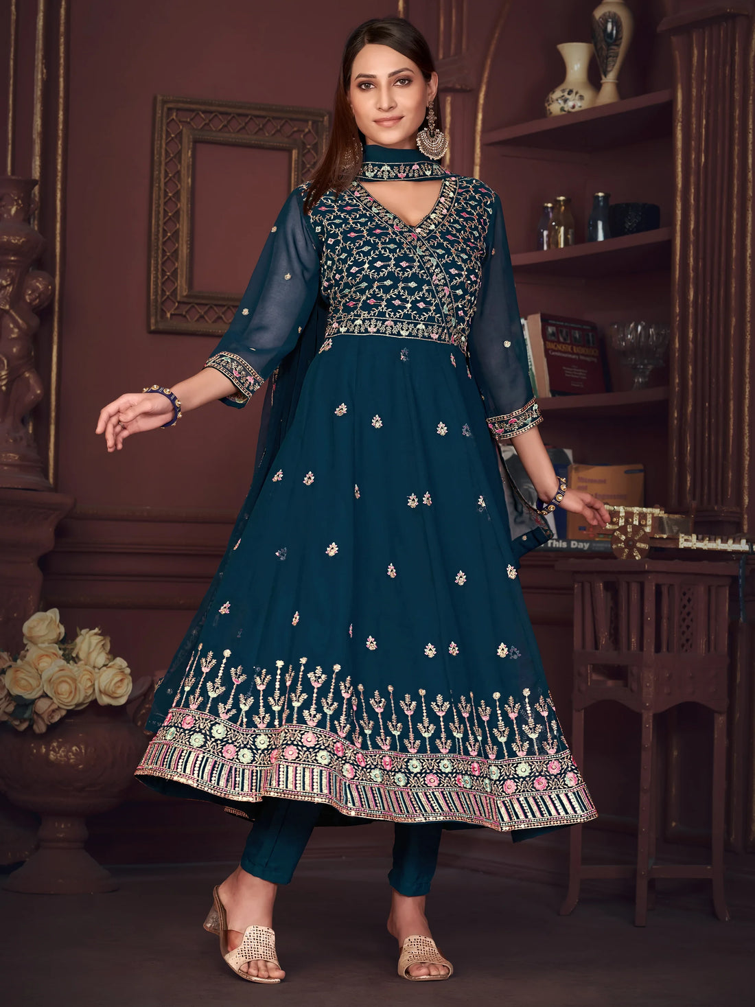 Superb Teal Blue Embroidered Georgette Anarkali Suit With Dupatta - Zeel Clothing