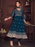 Superb Teal Blue Embroidered Georgette Anarkali Suit With Dupatta - Zeel Clothing