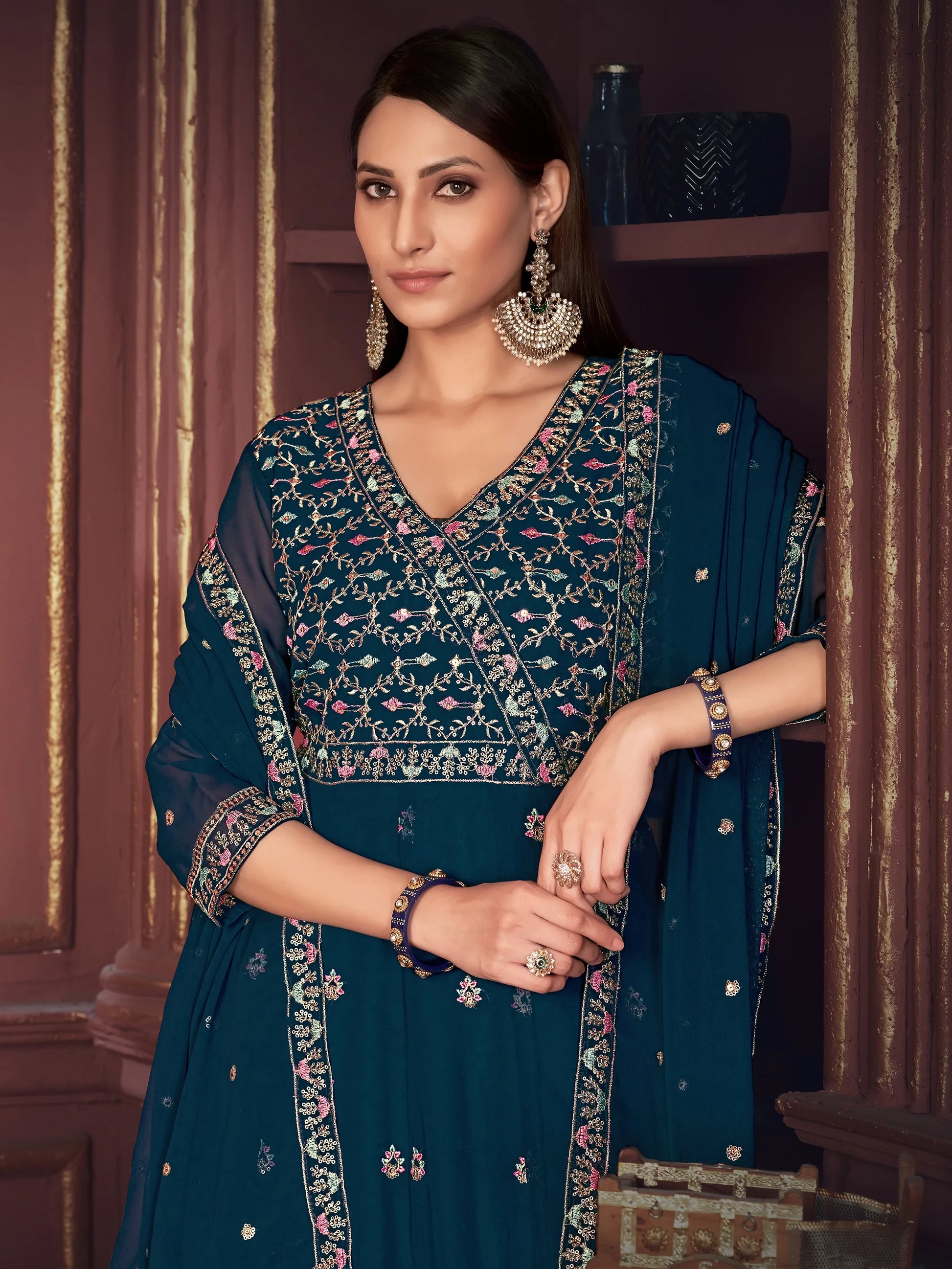 Superb Teal Blue Embroidered Georgette Anarkali Suit With Dupatta - Zeel Clothing