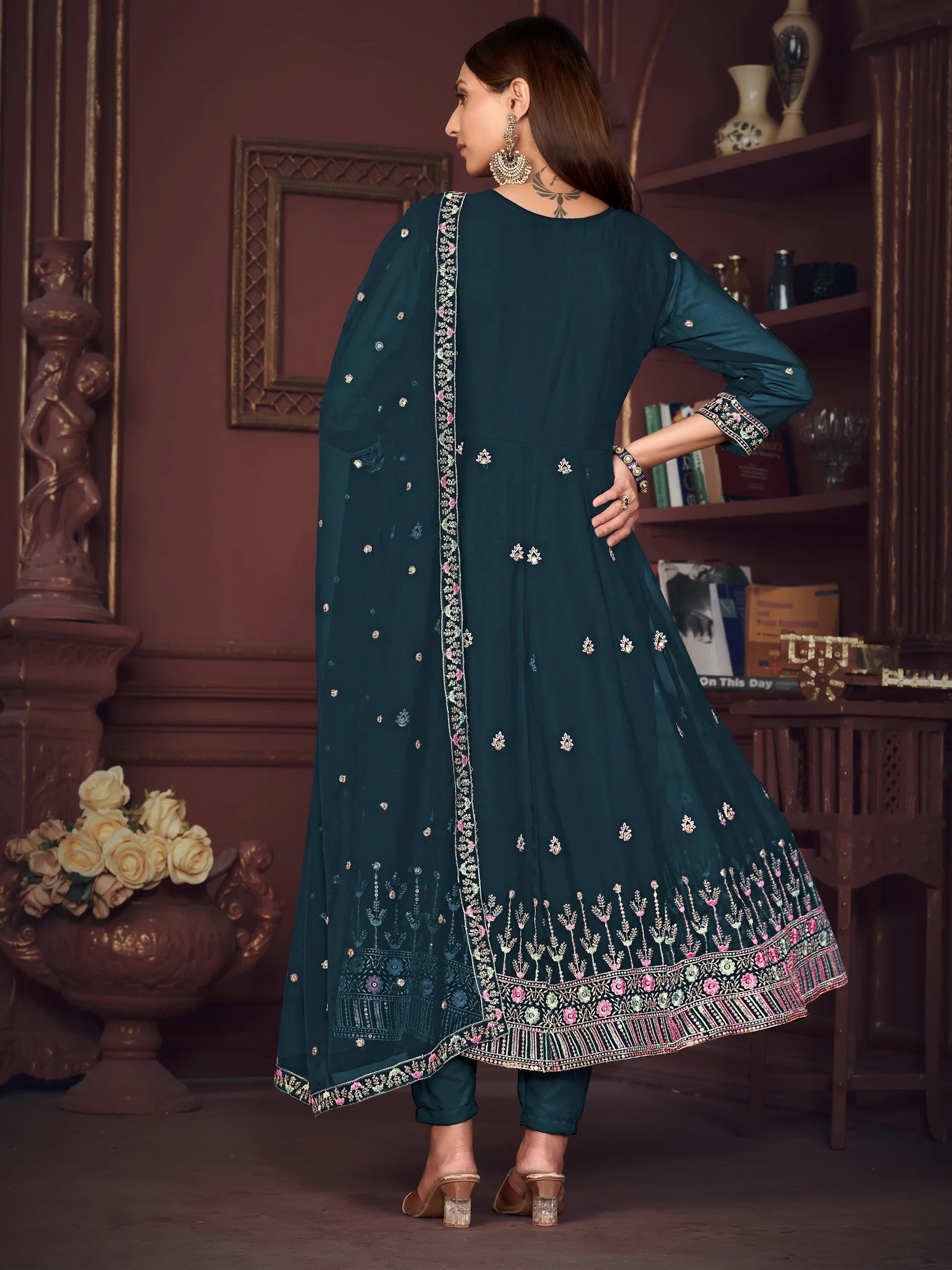Superb Teal Blue Embroidered Georgette Anarkali Suit With Dupatta - Zeel Clothing
