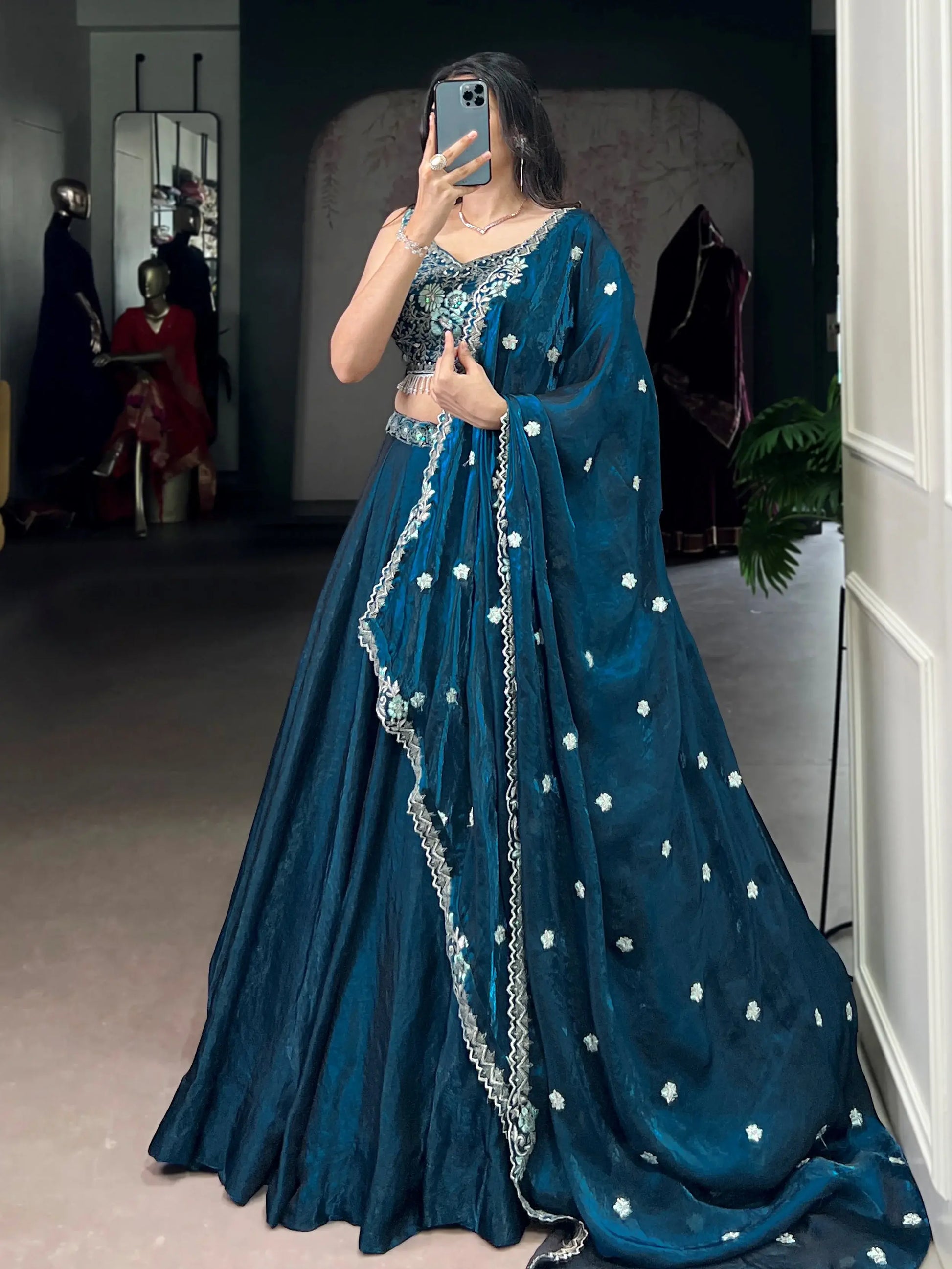 Superb Teal Blue Organza Wedding Wear Lehenga With Thread Work Blouse - Zeel Clothing