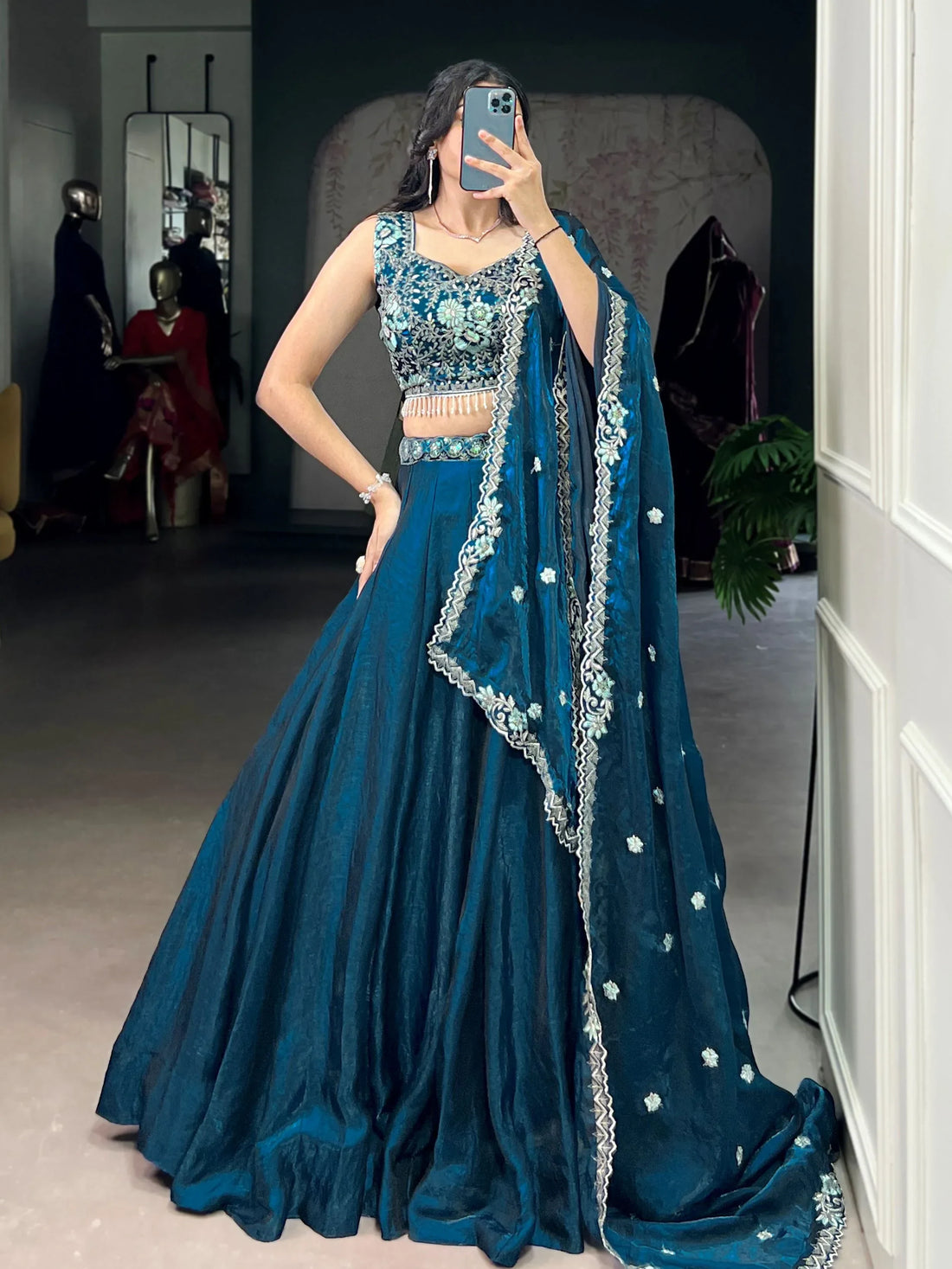 Superb Teal Blue Organza Wedding Wear Lehenga With Thread Work Blouse - Zeel Clothing