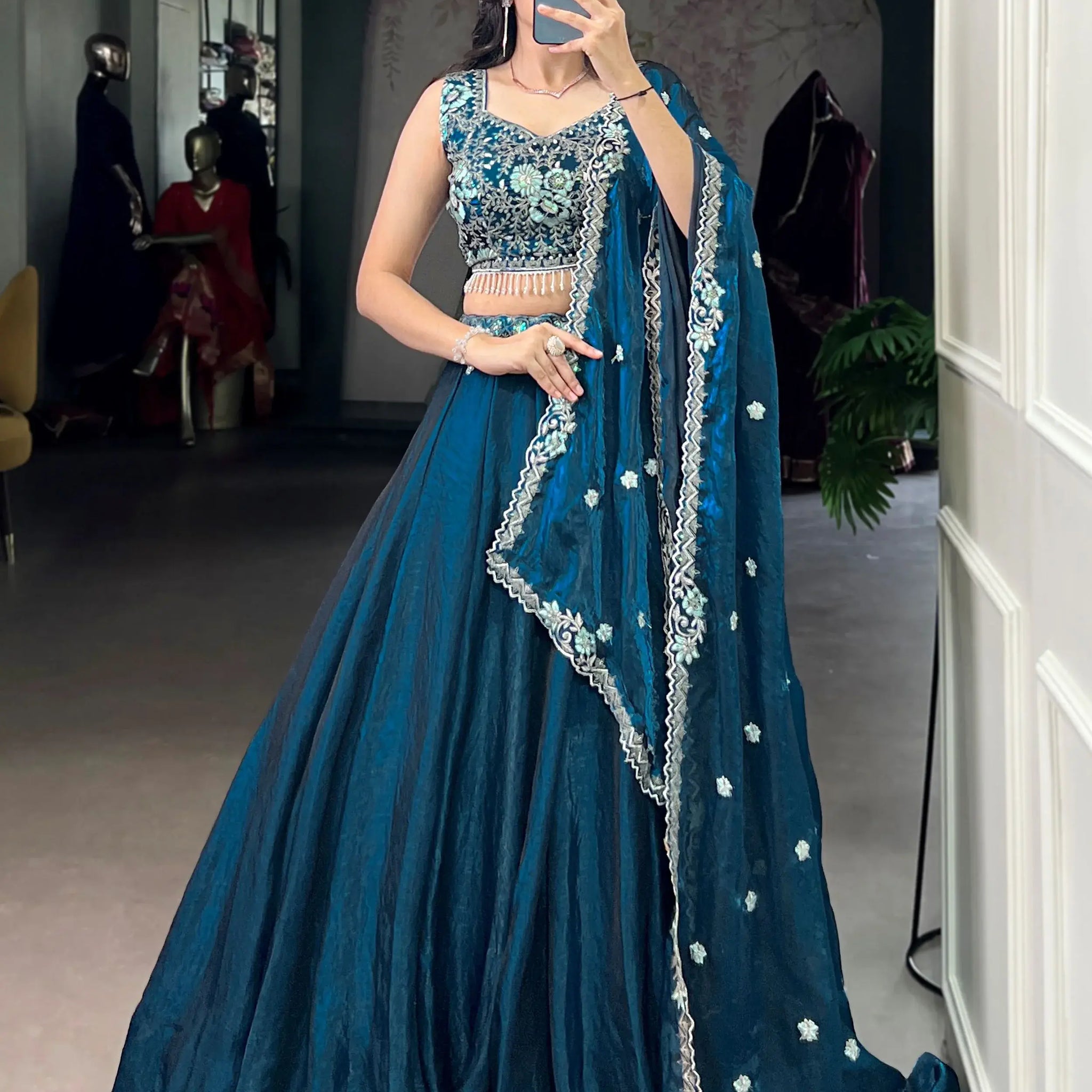 Superb Teal Blue Organza Wedding Wear Lehenga With Thread Work Blouse - Zeel Clothing