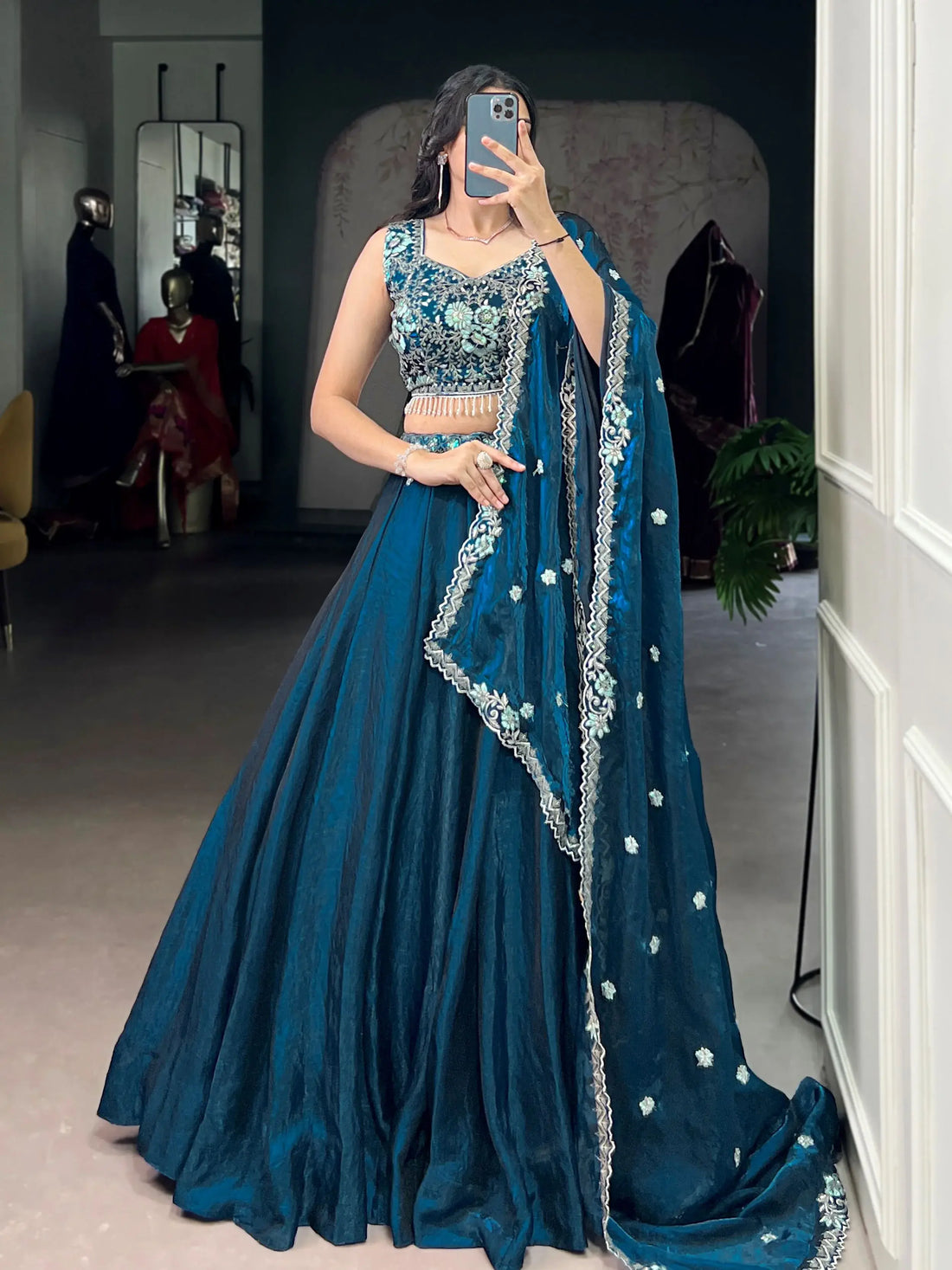 Superb Teal Blue Organza Wedding Wear Lehenga With Thread Work Blouse - Zeel Clothing