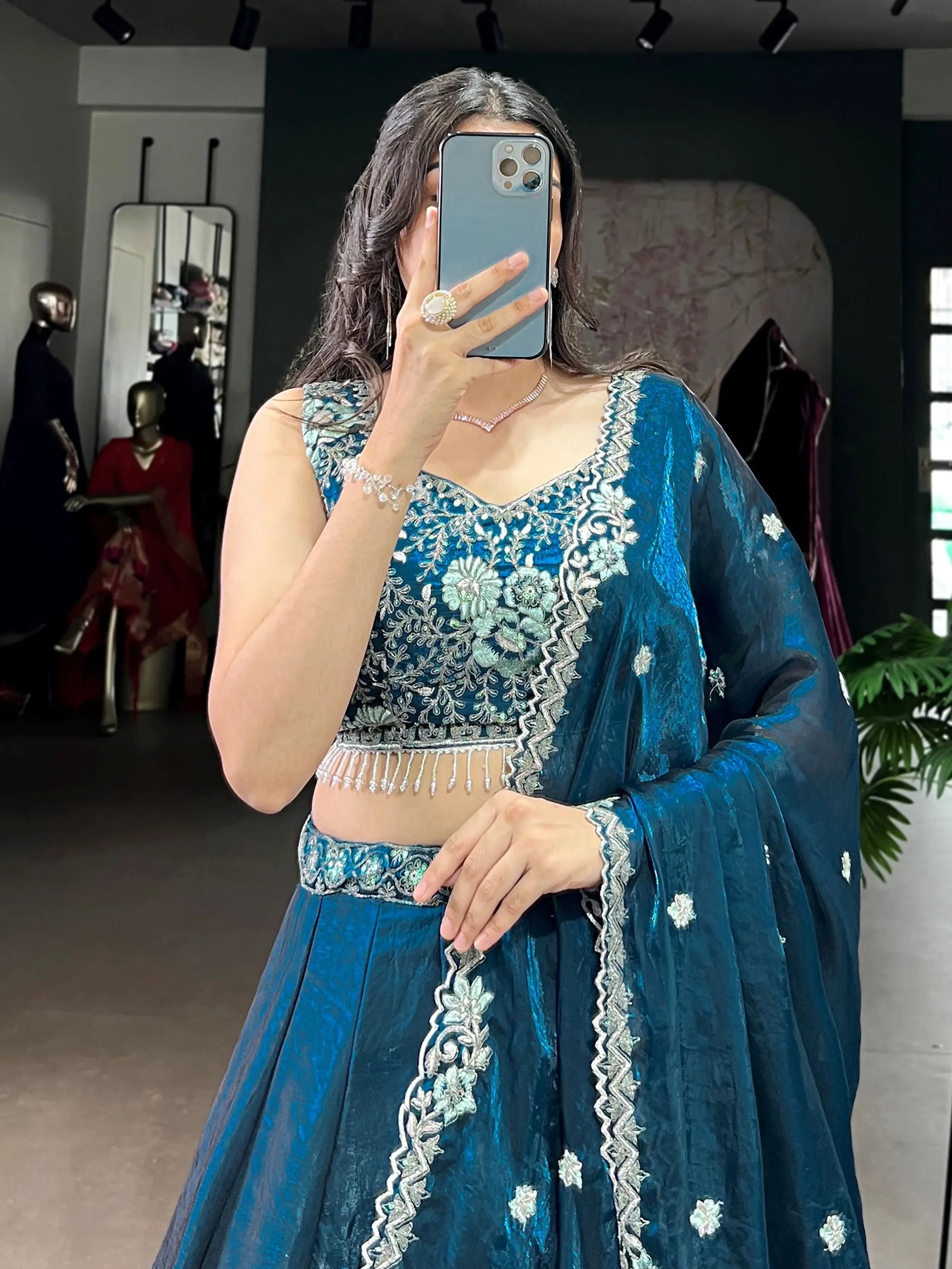 Superb Teal Blue Organza Wedding Wear Lehenga With Thread Work Blouse - Zeel Clothing