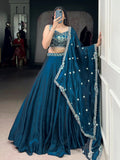 Superb Teal Blue Organza Wedding Wear Lehenga With Thread Work Blouse - Zeel Clothing