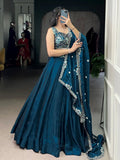 Superb Teal Blue Organza Wedding Wear Lehenga With Thread Work Blouse - Zeel Clothing