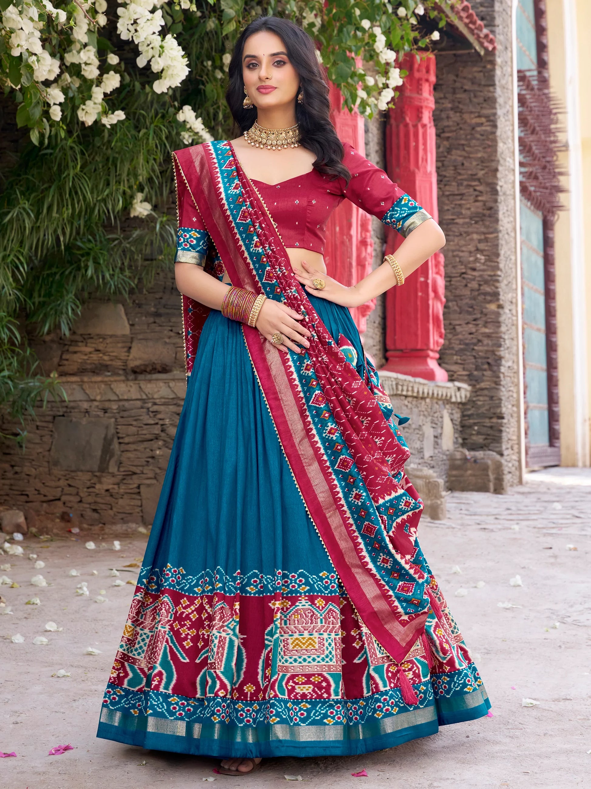 Superb Teal Blue Patola Printed Tussar Silk Event Wear Lehenga Choli - Zeel Clothing