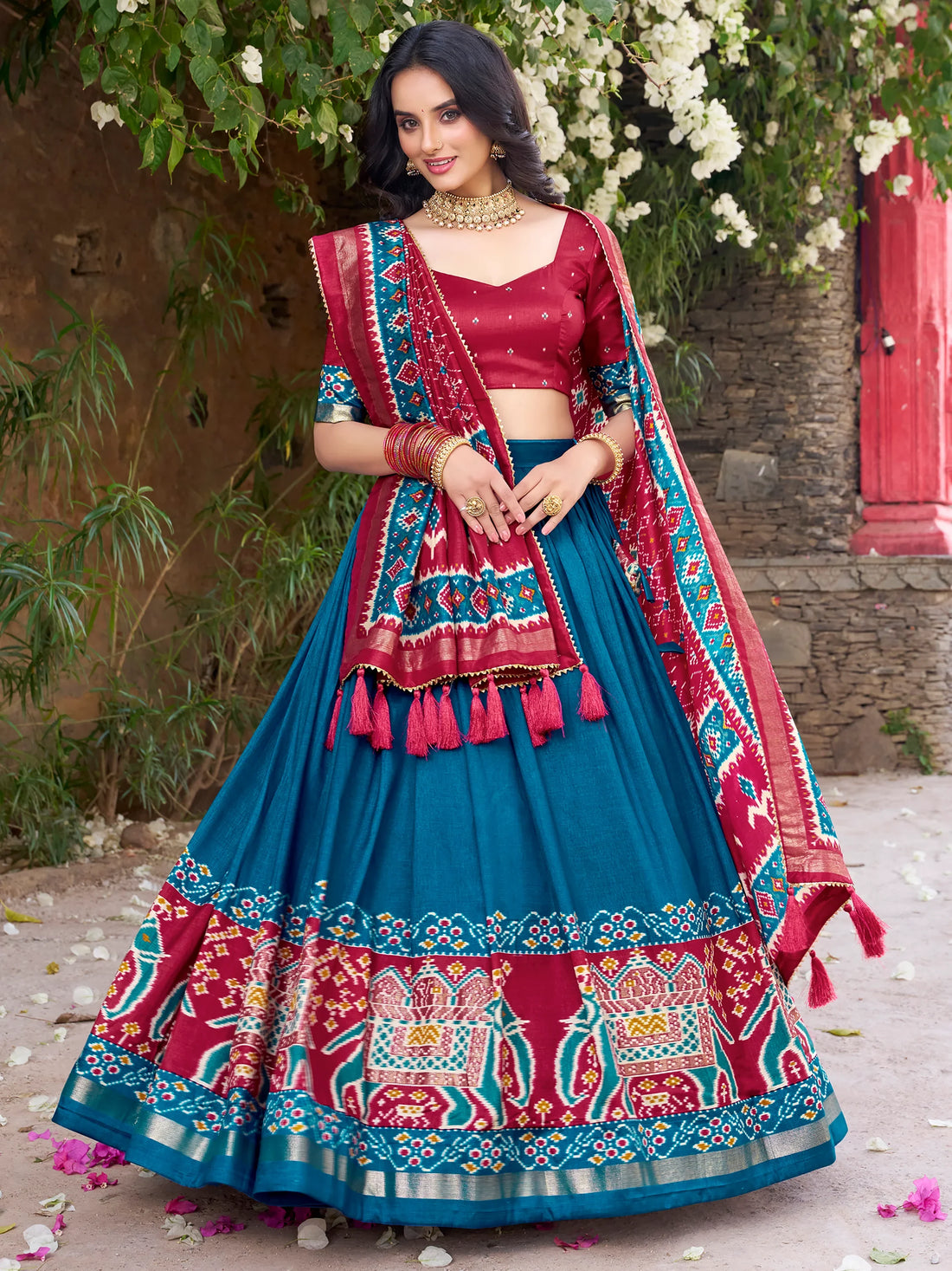 Superb Teal Blue Patola Printed Tussar Silk Event Wear Lehenga Choli - Zeel Clothing