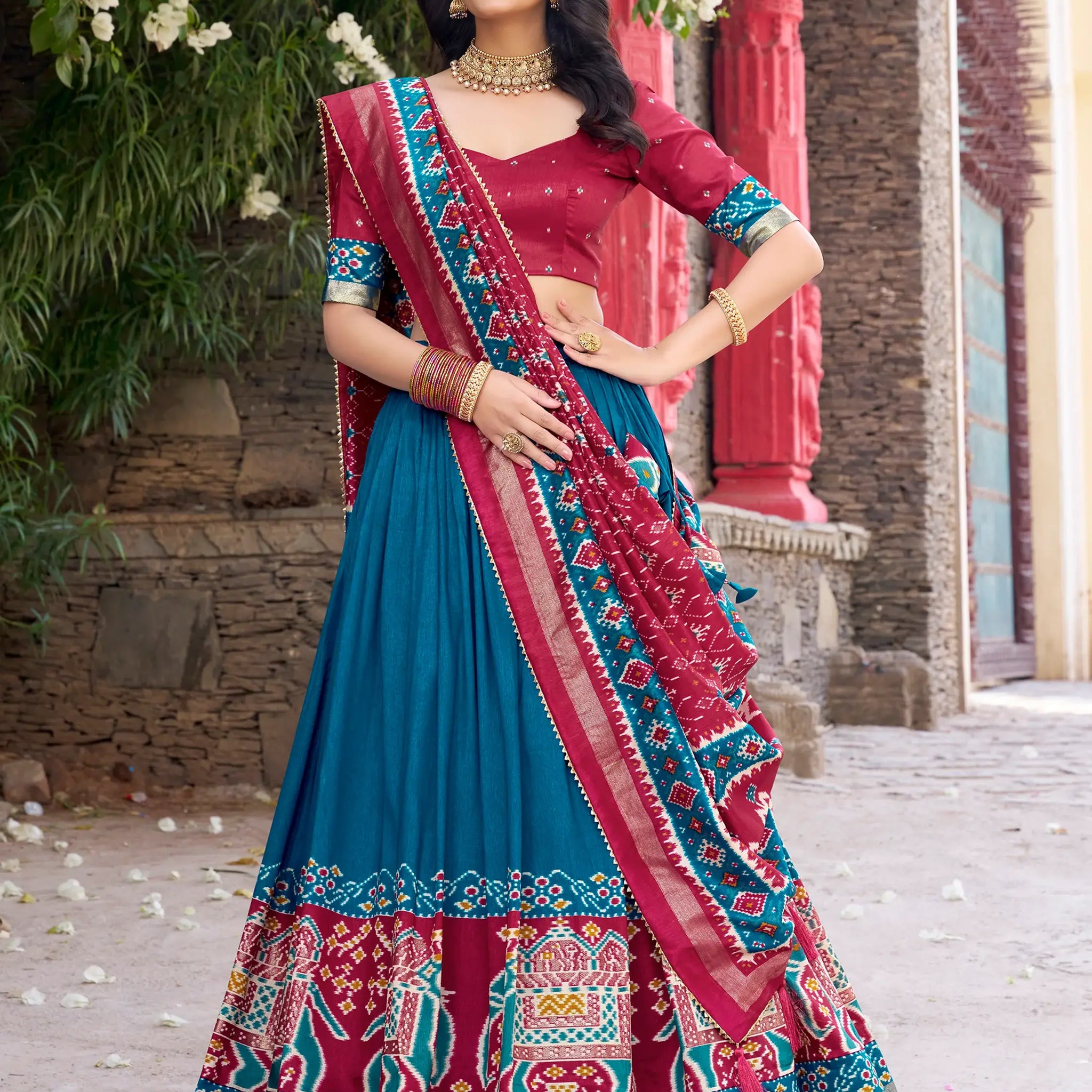 Superb Teal Blue Patola Printed Tussar Silk Event Wear Lehenga Choli - Zeel Clothing