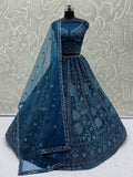 Superb Teal Blue Thread Embroidery Net Reception Wear Lehenga Choli - Zeel Clothing