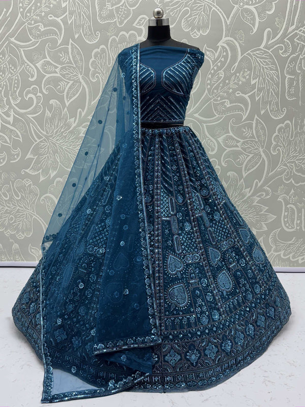 Superb Teal Blue Thread Embroidery Net Reception Wear Lehenga Choli - Zeel Clothing