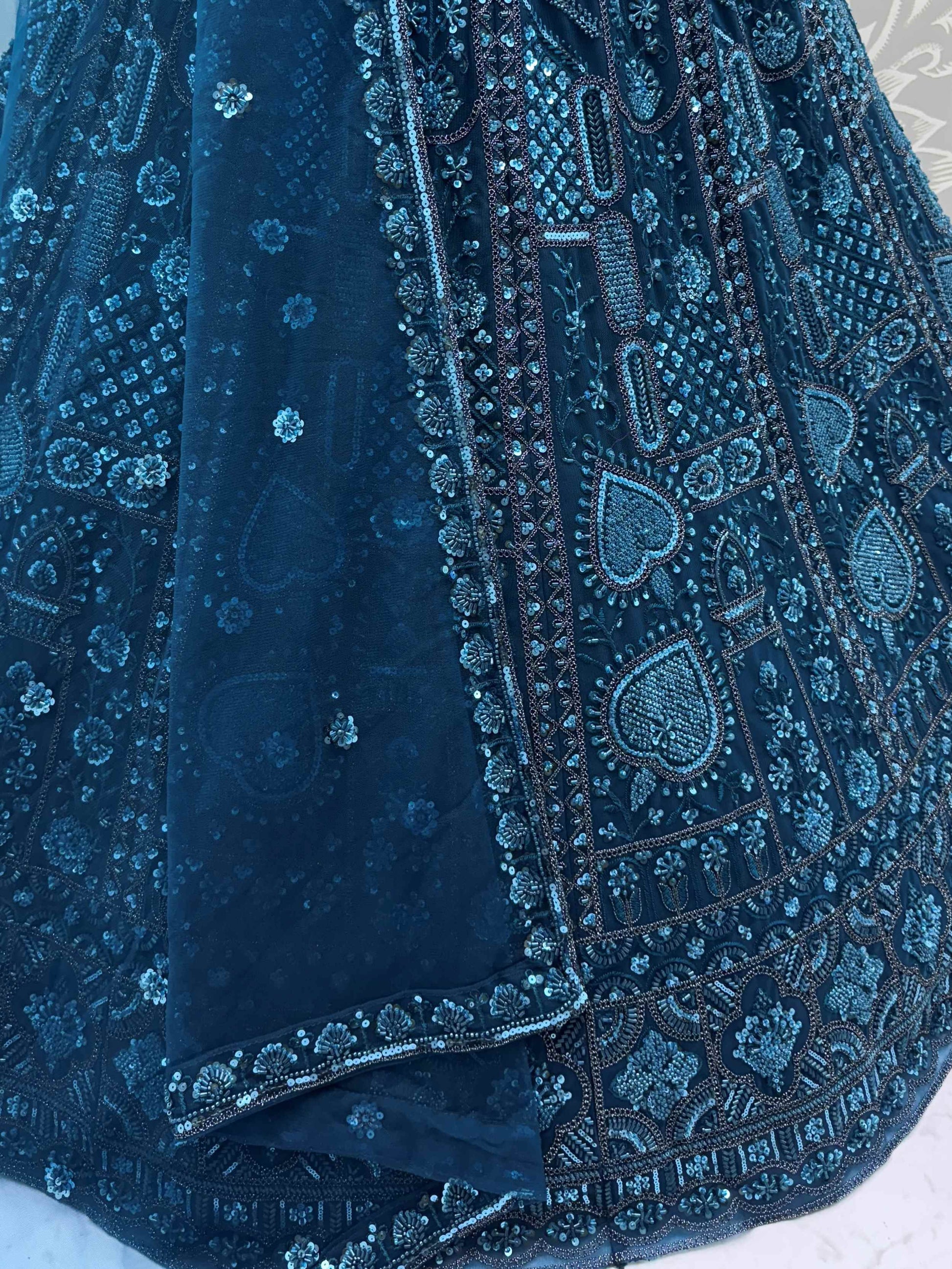 Superb Teal Blue Thread Embroidery Net Reception Wear Lehenga Choli - Zeel Clothing