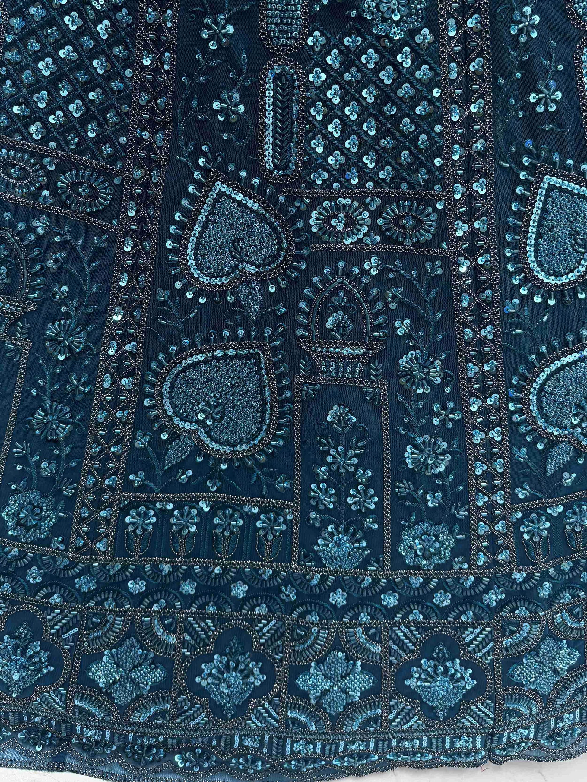 Superb Teal Blue Thread Embroidery Net Reception Wear Lehenga Choli - Zeel Clothing