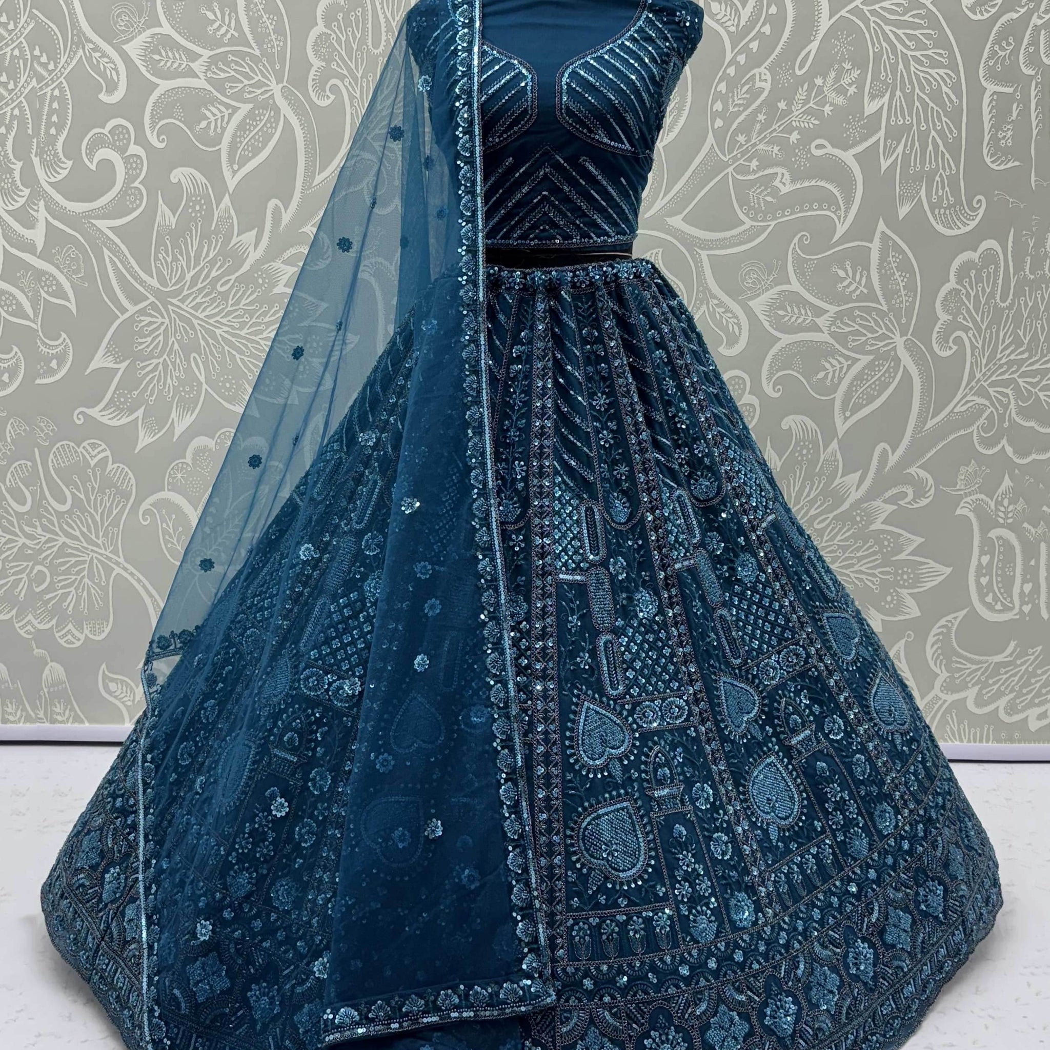 Superb Teal Blue Thread Embroidery Net Reception Wear Lehenga Choli - Zeel Clothing