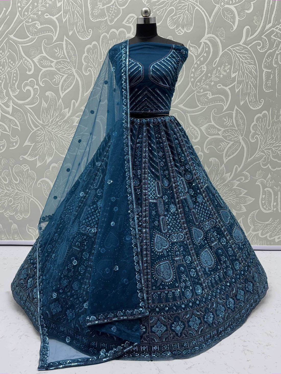 Superb Teal Blue Thread Embroidery Net Reception Wear Lehenga Choli - Zeel Clothing