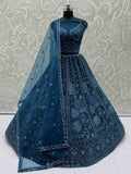 Superb Teal Blue Thread Embroidery Net Reception Wear Lehenga Choli - Zeel Clothing