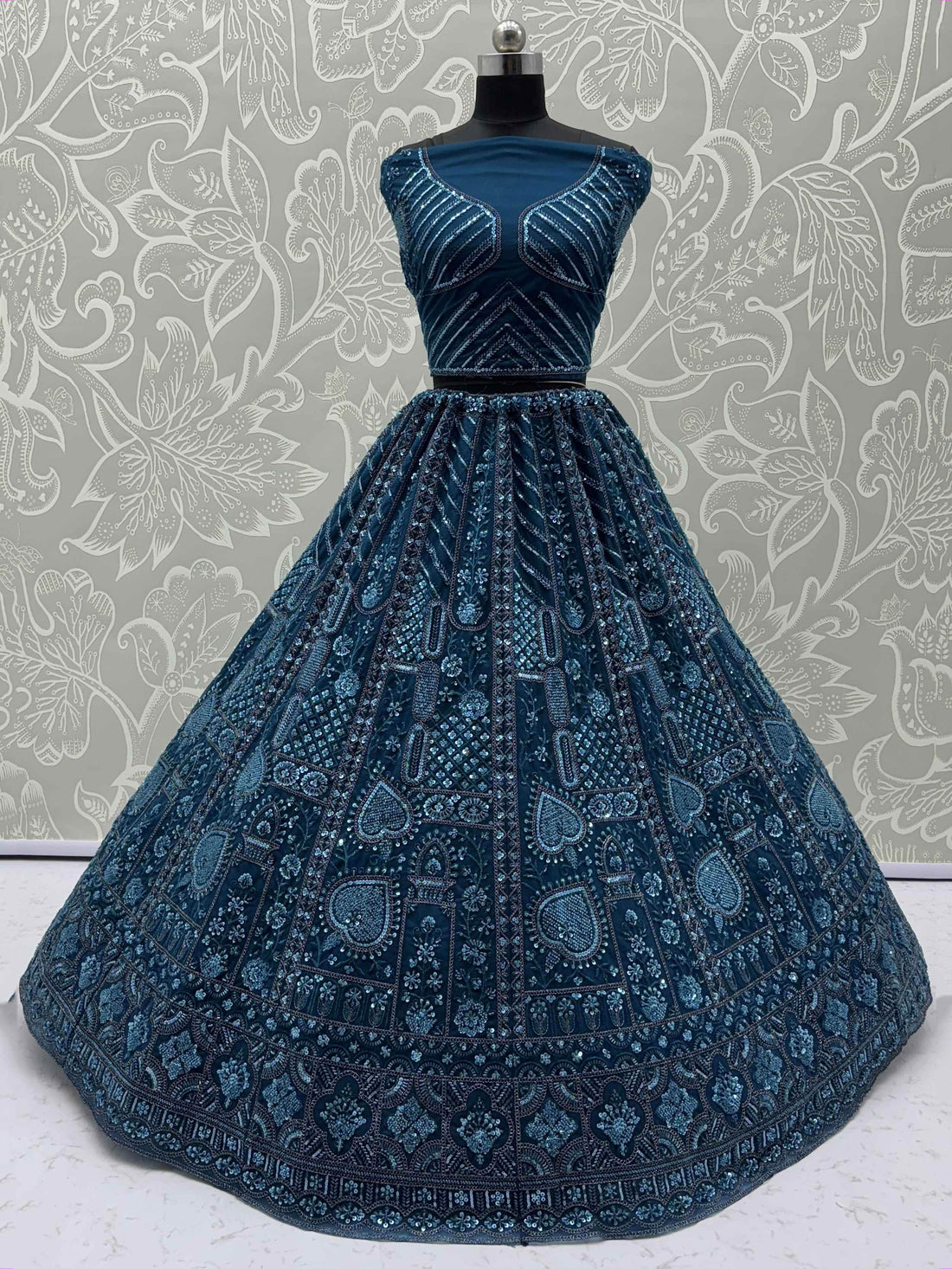 Superb Teal Blue Thread Embroidery Net Reception Wear Lehenga Choli - Zeel Clothing