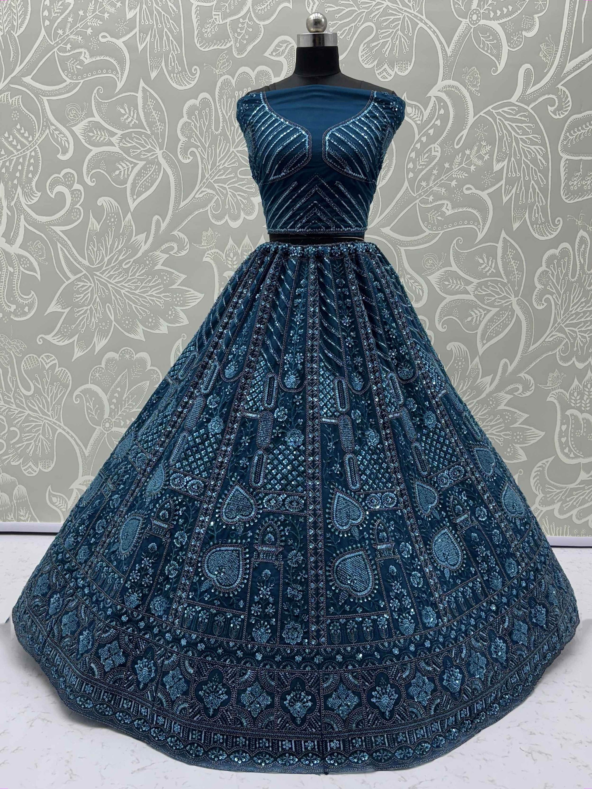 Superb Teal Blue Thread Embroidery Net Reception Wear Lehenga Choli - Zeel Clothing