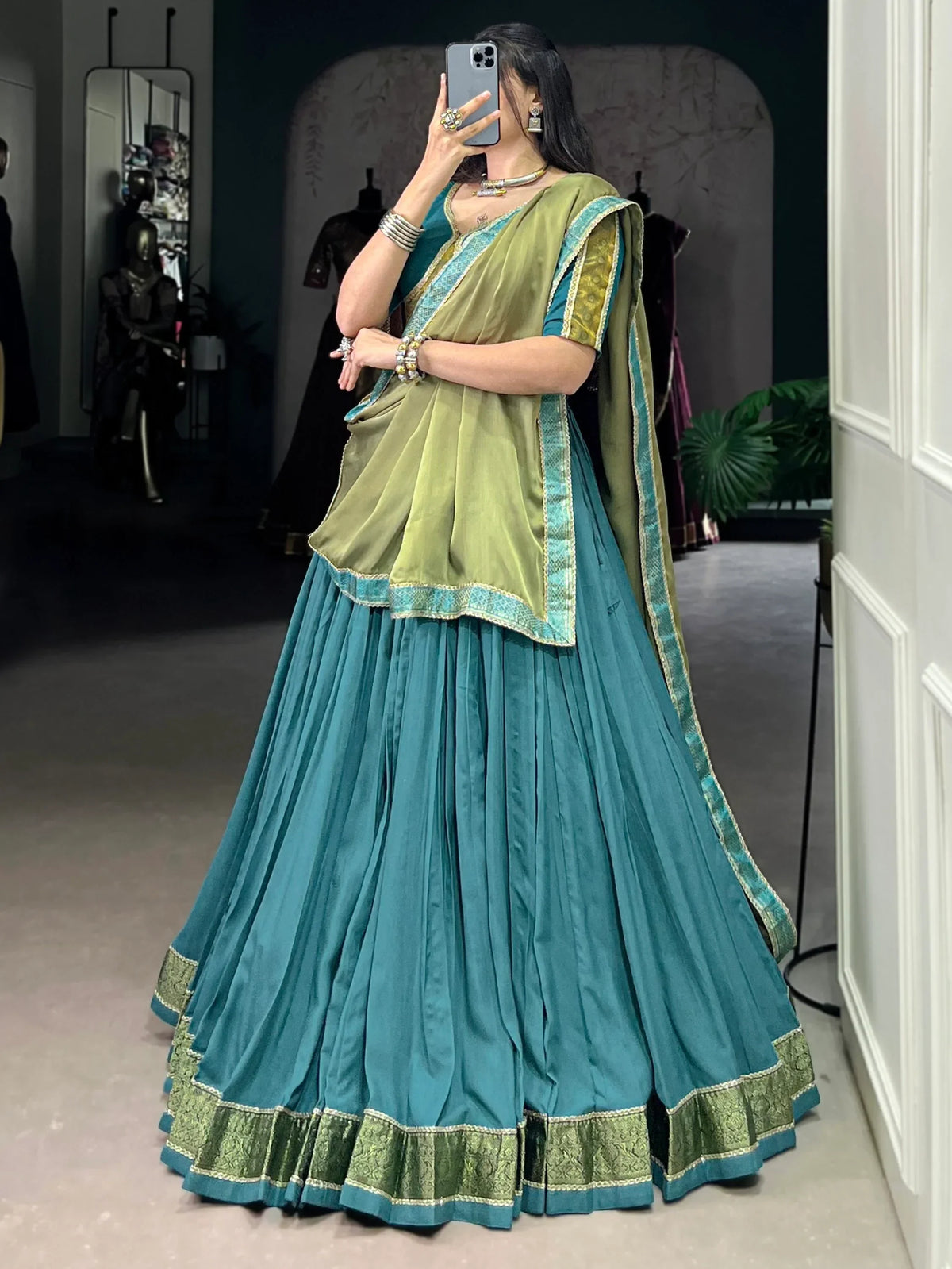 Superb Teal Blue Zari Weaving Rayon Festive Wear Lehenga Choli With Dupatta - Zeel Clothing