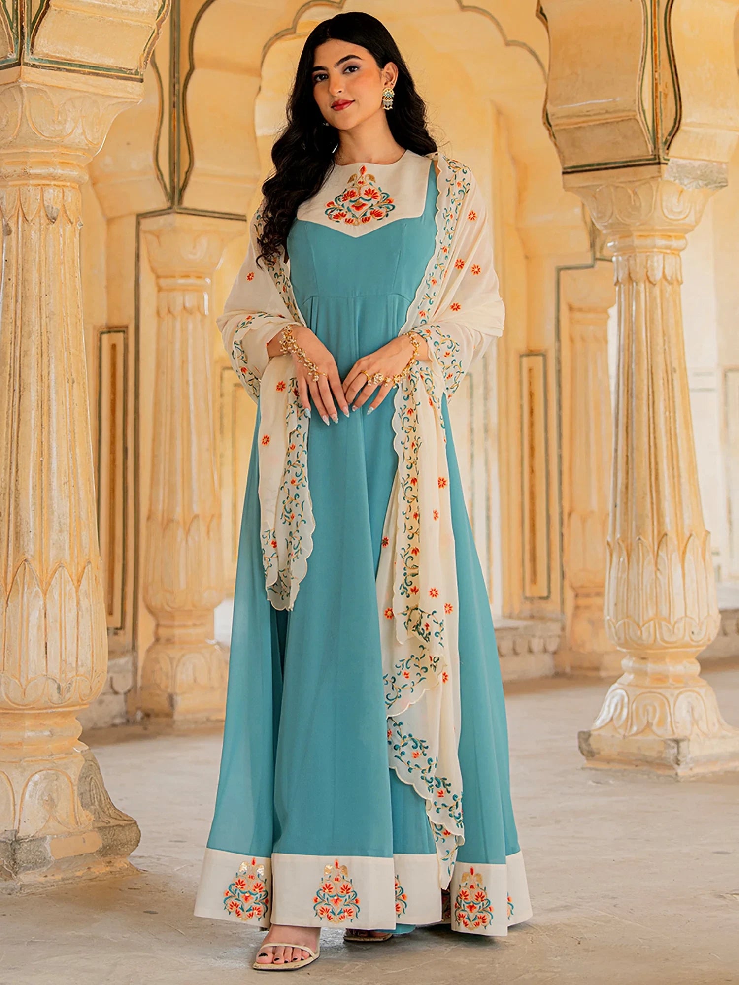Superb Turquoise Zari Embroidery Georgette Festive Wear Gown With Dupatta