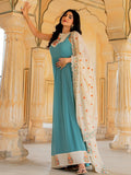 Superb Turquoise Zari Embroidery Georgette Festive Wear Gown With Dupatta
