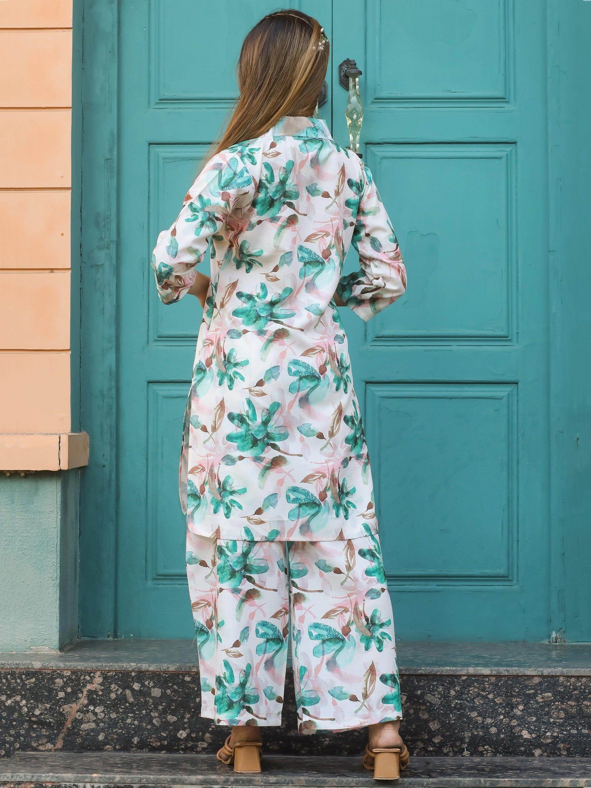 Superb White & Blue Floral Printed Cotton Top Palazzo Co-Ord Set - Zeel Clothing