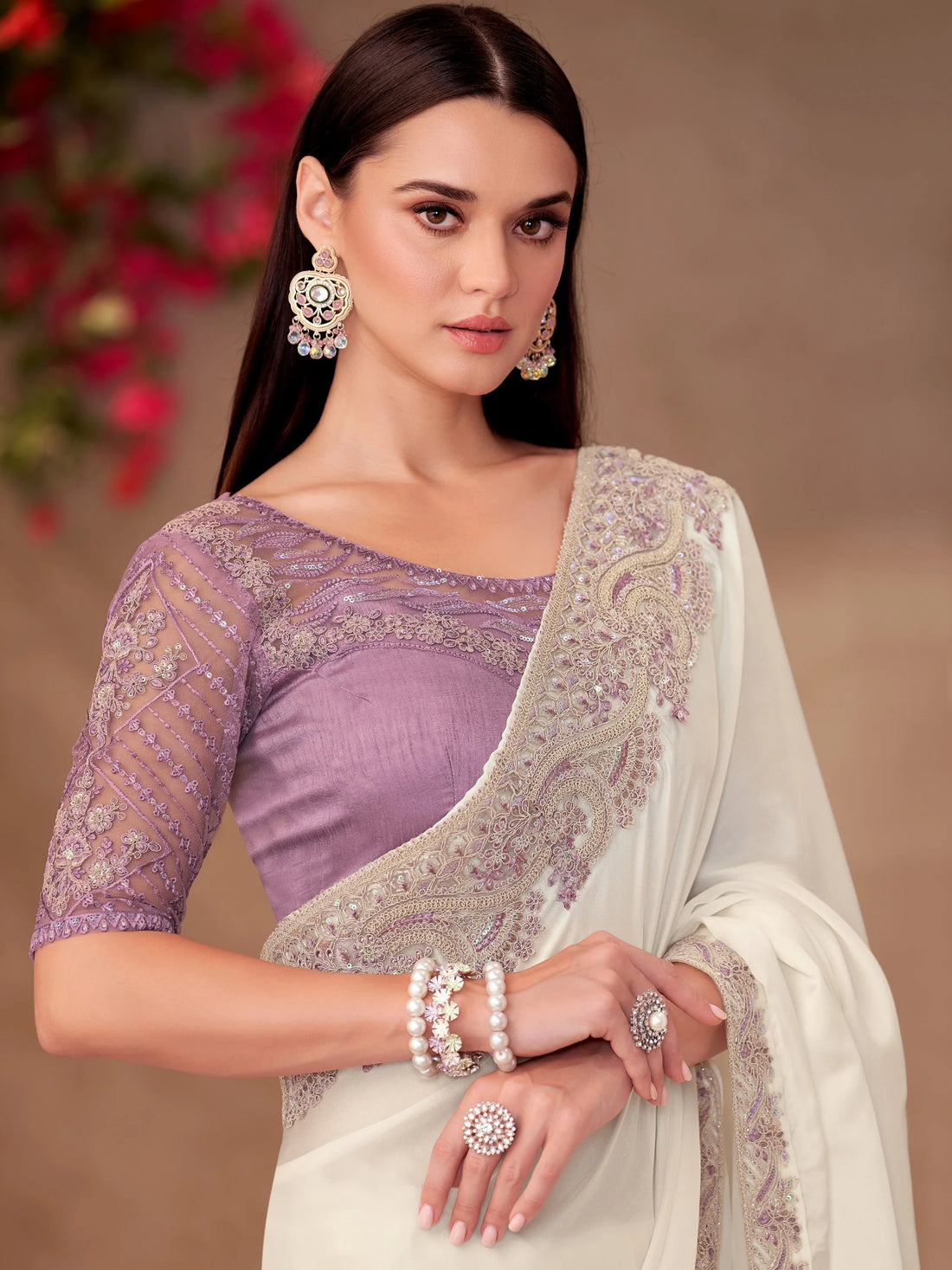 Superb White Thread Embroidery Border Work Georgette Festive Wear Saree - Zeel Clothing