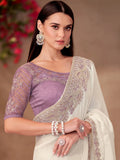 Superb White Thread Embroidery Border Work Georgette Festive Wear Saree - Zeel Clothing