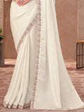 Superb White Thread Embroidery Border Work Georgette Festive Wear Saree - Zeel Clothing