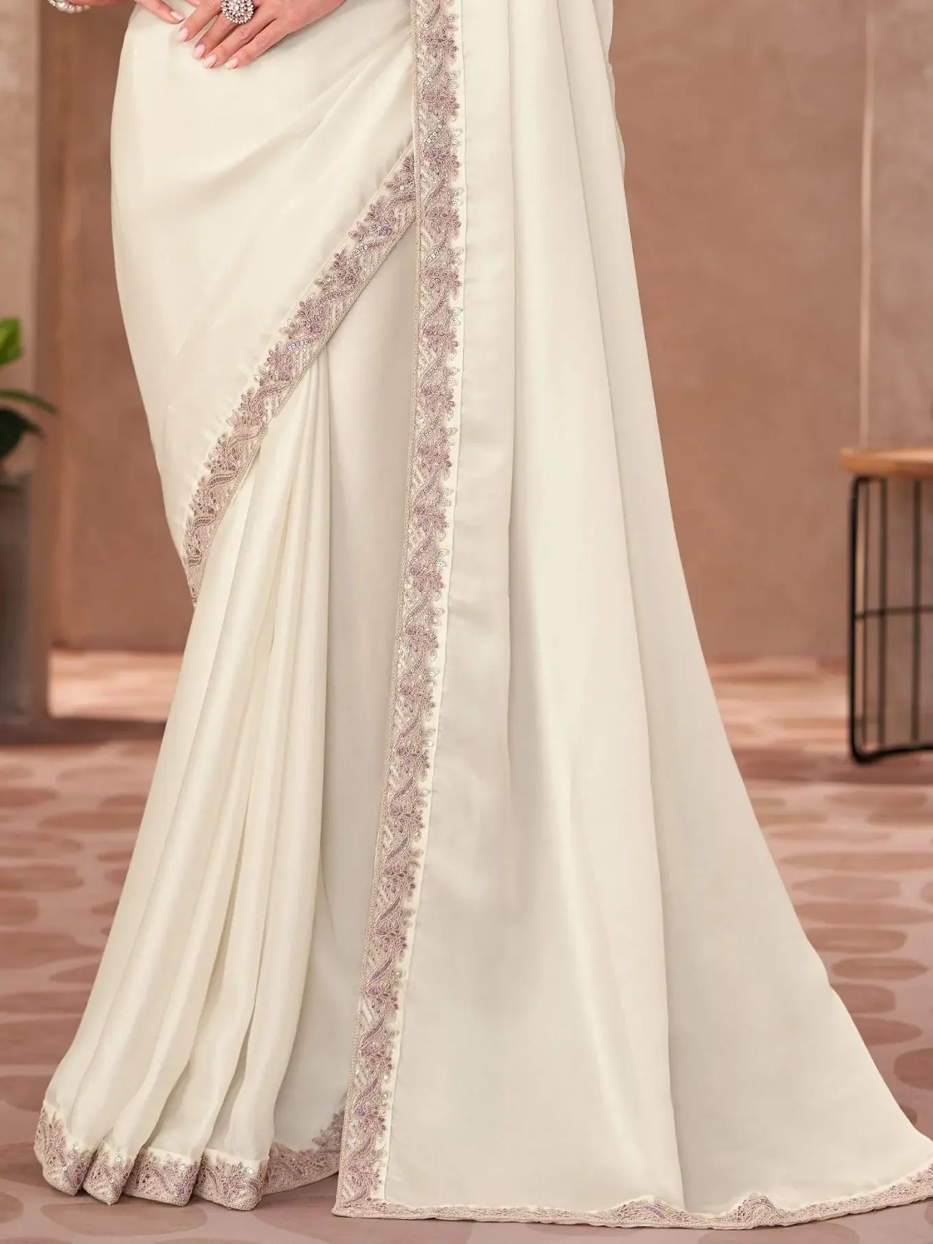 Superb White Thread Embroidery Border Work Georgette Festive Wear Saree - Zeel Clothing