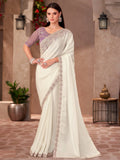 Superb White Thread Embroidery Border Work Georgette Festive Wear Saree - Zeel Clothing