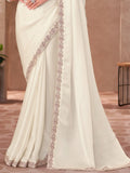 Superb White Thread Embroidery Border Work Georgette Festive Wear Saree - Zeel Clothing