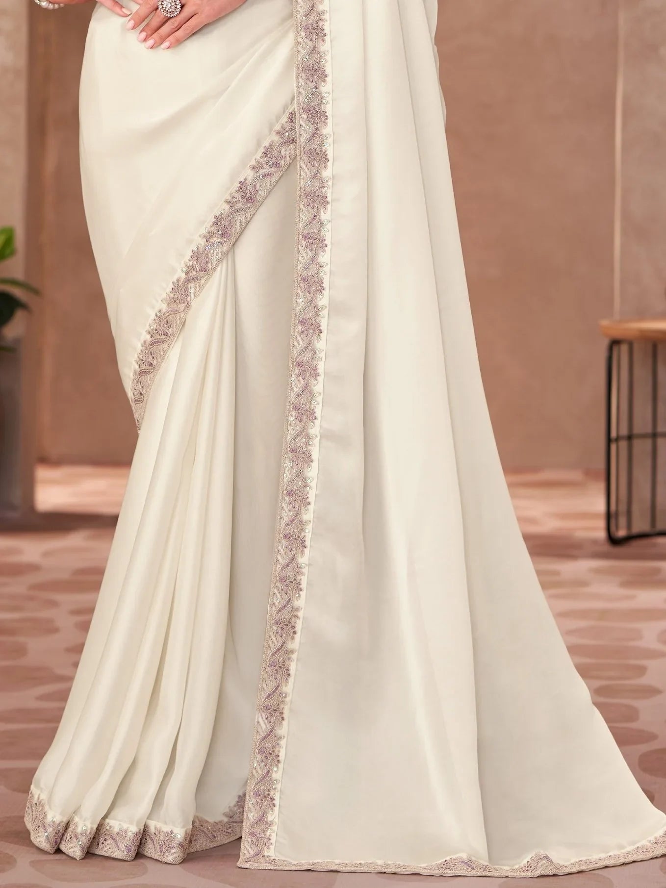 Superb White Thread Embroidery Border Work Georgette Festive Wear Saree - Zeel Clothing