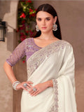 Superb White Thread Embroidery Border Work Georgette Festive Wear Saree - Zeel Clothing