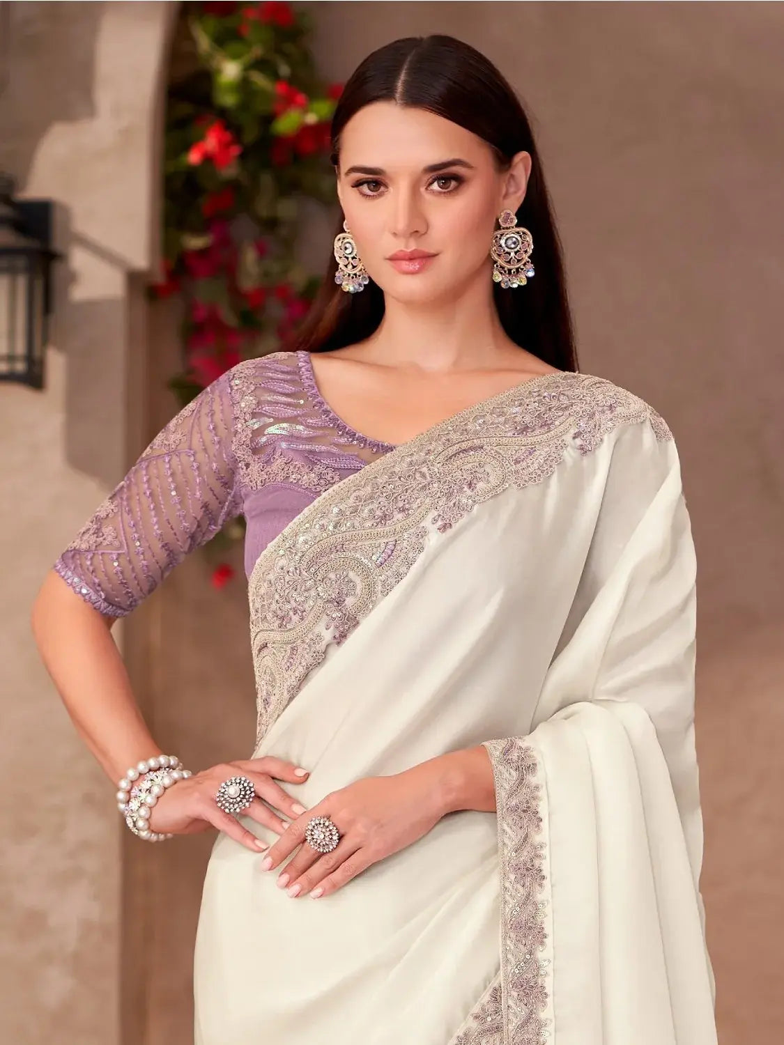 Superb White Thread Embroidery Border Work Georgette Festive Wear Saree - Zeel Clothing