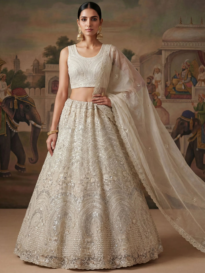 Superb White Zircon Work Net Bridesmaid Lehenga Choli With Dupatta