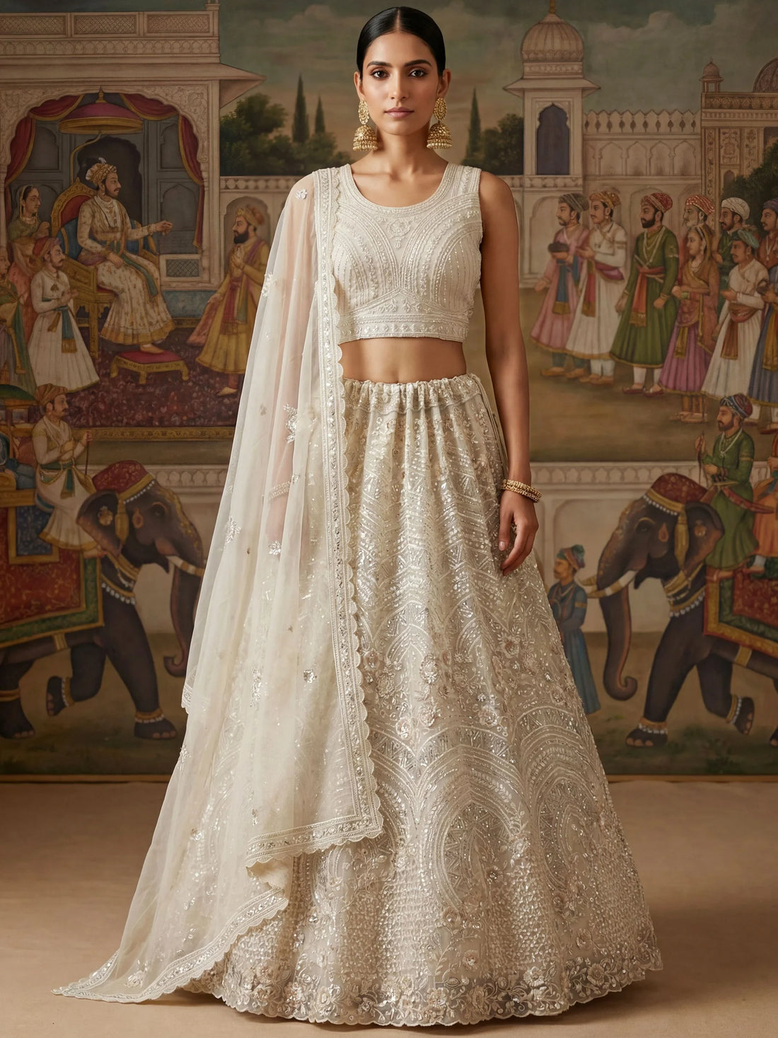 Superb White Zircon Work Net Bridesmaid Lehenga Choli With Dupatta
