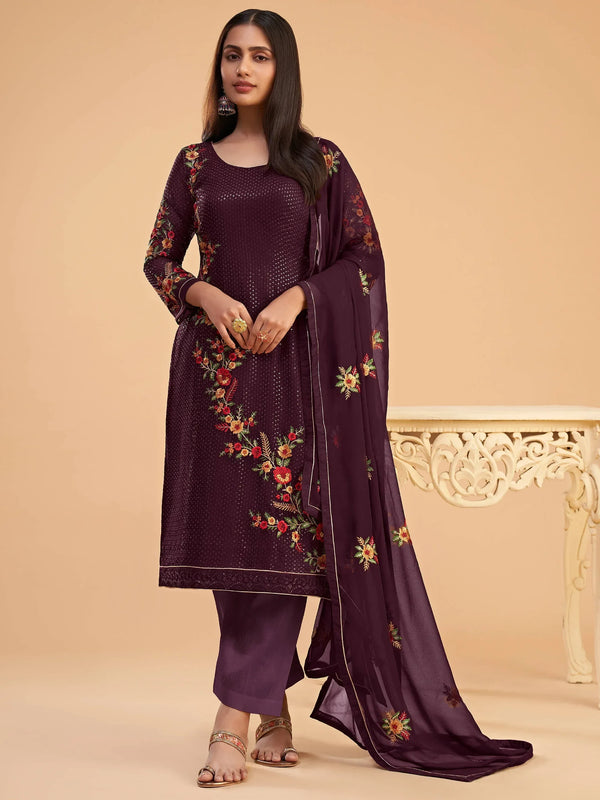 Superb Wine Thread Embroidered Georgette Salwar Suit - Zeel Clothing