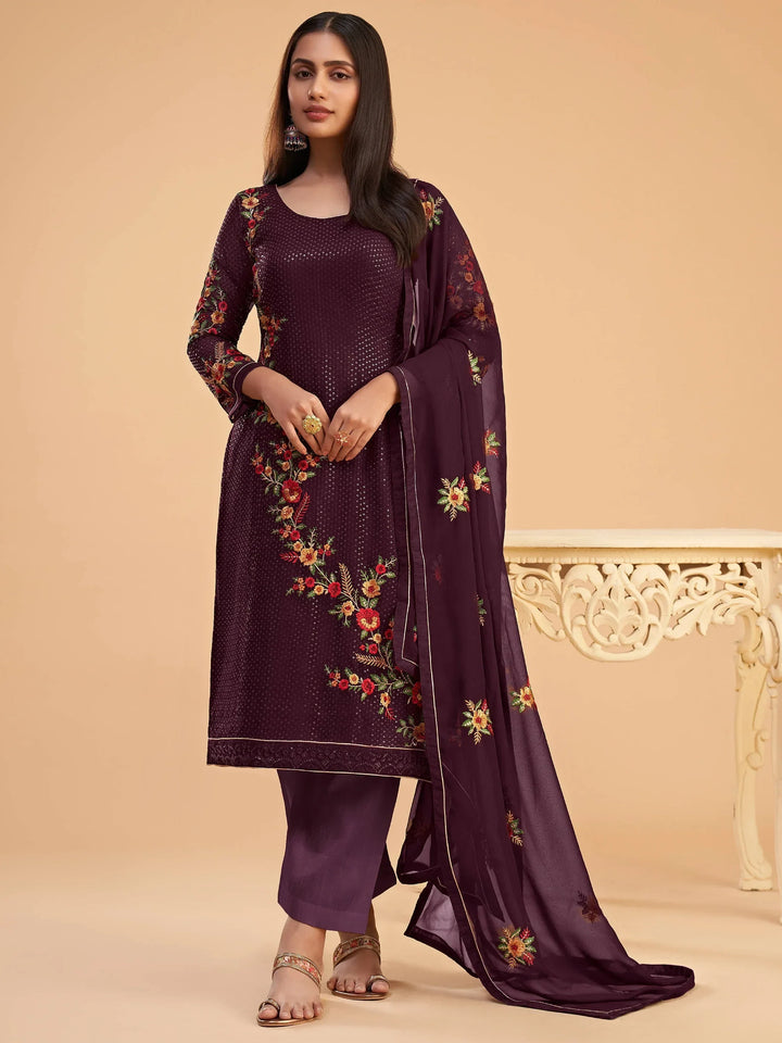 Superb Wine Thread Embroidered Georgette Salwar Suit - Zeel Clothing